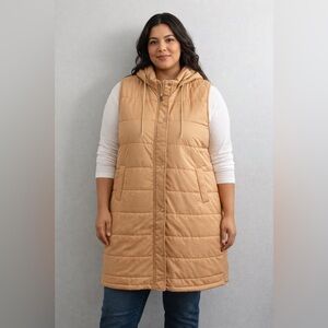 Light Caramel Hooded Long Puffer Short Sleeve Long Vest Size XXL plus size